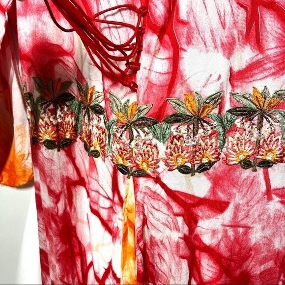 Tie Dye Water Color Embroidered Waist Maxi Dress in Red, Orange and White L - Picture 5 of 13
